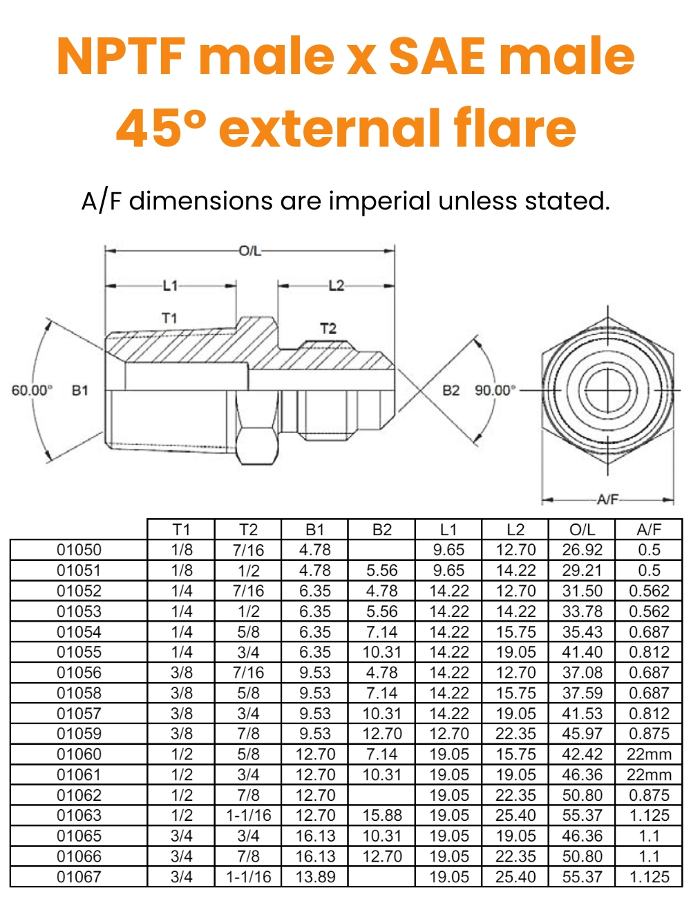 1/8 NPTF x 7/16 SAE 45° Ext Flare M/M Hydraulic Adaptor